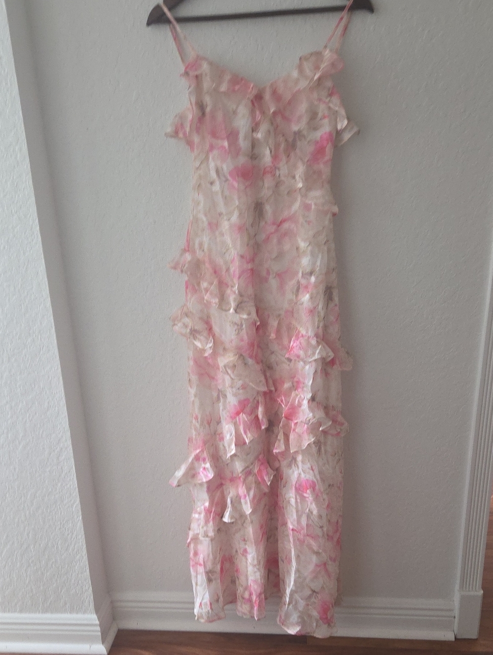 Altar'd State Pink and Cream Floral Ruffled Maxi Dress